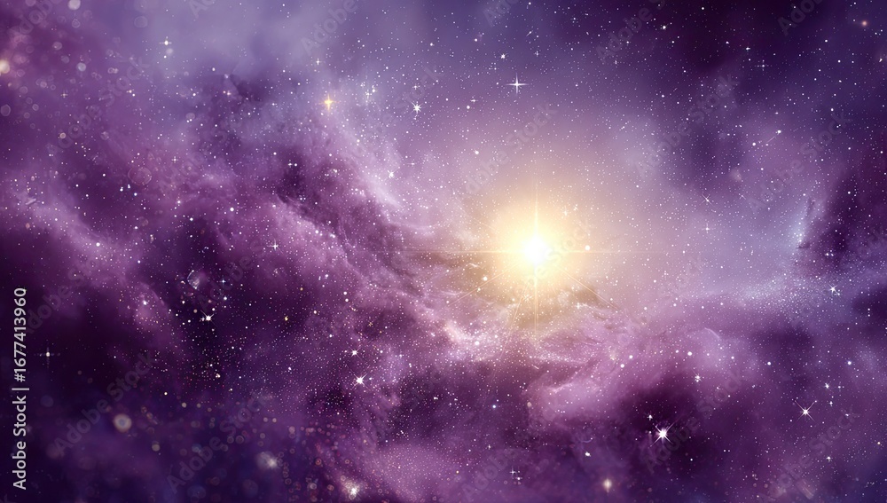 Obraz premium A vibrant nebula swirls in purple and lavender hues, a bright star shining at its center, surrounded by countless smaller stars and cosmic dust