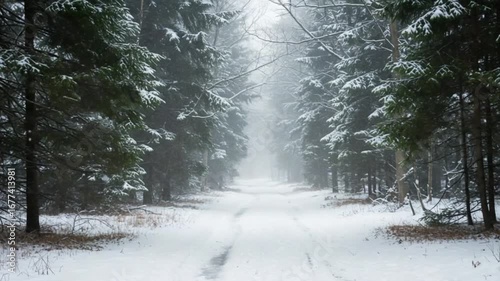 Snowy forest path with dense trees during winter creates a serene and peaceful natural background
