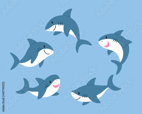set of friendly shark cartoon , cute underwater shark character, sea life animal, isolated child aquamarine life illustration