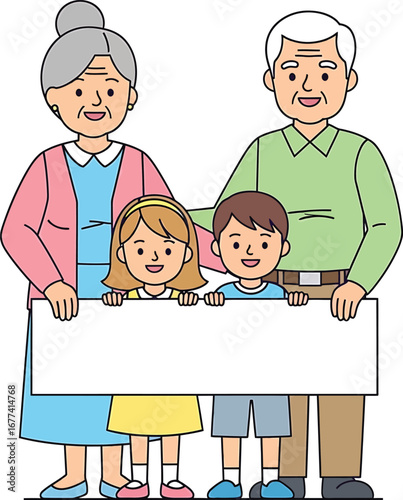 Happy Grandparents with Grandchildren – Cute Flat Vector Cartoon Background with Blank Banner