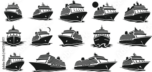 Cruise ship silhouette vector set, luxury boat icons, ocean liner illustration for travel, marine transport graphic, cad drawing flat illustration