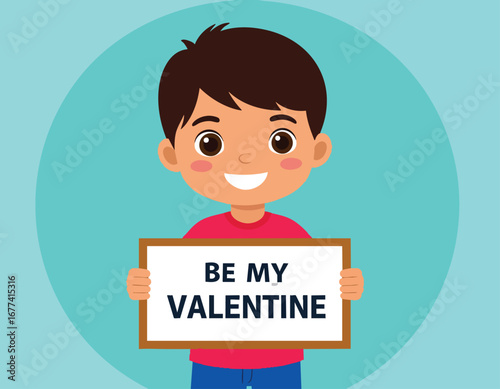 Happy boy holding a Valentine's Day sign, inviting friendship or romance.