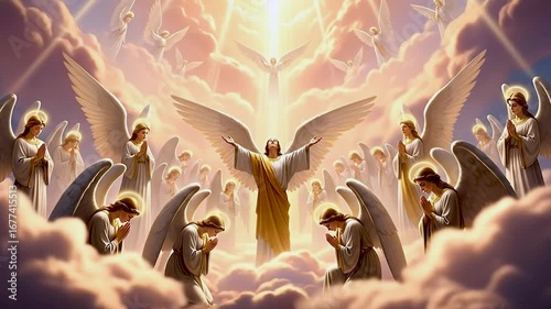 A host of angels worshiping gathered in the heavens with divine light