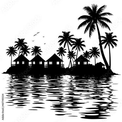 Tropical island paradise with palm trees silhouette