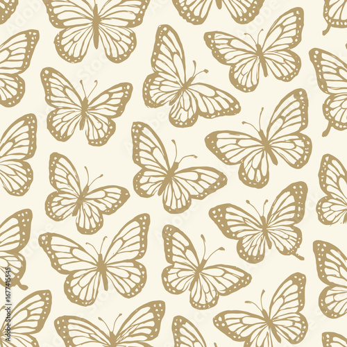 Seamless pattern of hand-drawn golden butterflies in various sizes and orientations on a cream background, creating a decorative and naturalistic design.