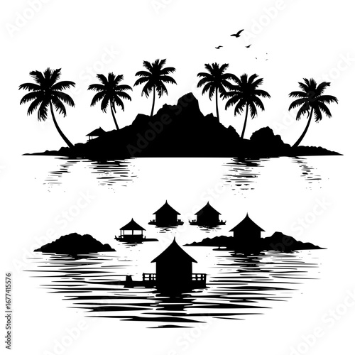 Tropical island resort silhouette, palm trees and ocean