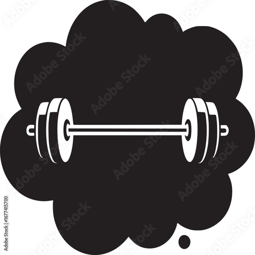 A monochrome illustration of a barbell inside of a cloud shape on a white background design art