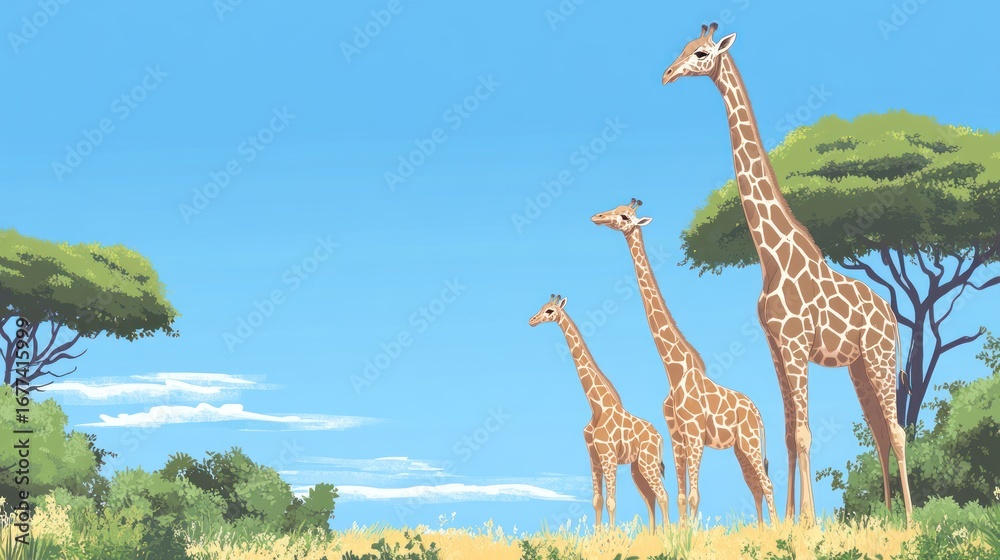 Fototapeta premium Giraffe Family in African Savannah, Digital Illustration, Sunny Sky, Wildlife Art