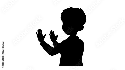 Silhouette of a Child: A stark black silhouette captures a child raising their hands in prayer, against a plain background, conveying the purity of faith and humble supplication.