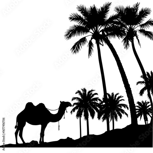 Desert oasis silhouette with camel and palm trees