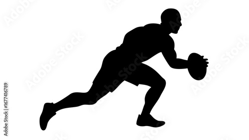 Rugby Action Silhouette: A dynamic silhouette captures the intensity of a rugby player in motion, focusing on speed and agility with an oval ball in hand. 