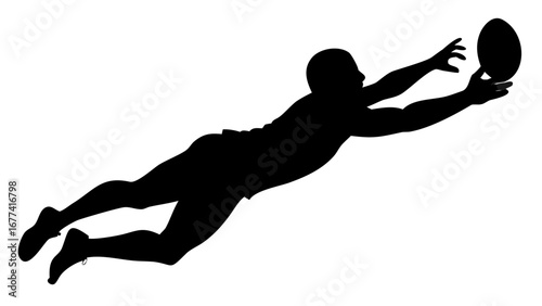 Dynamic Rugby Catch: A silhouette captures the raw power and athleticism of a rugby player diving gracefully to catch a ball in mid-air, embodying the spirit of competition and the pursuit of victory.