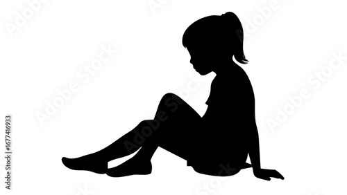 Silhouette of Contemplation: A young girl sits in quiet introspection, her silhouette stark against a backdrop of open space, capturing a moment of solitude and reflection.