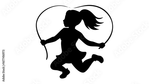 Girl Skipping Silhouette: A playful silhouette of a girl skipping rope, representing youthfulness, joy, and healthy activity within a heart-shaped frame. 