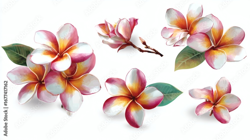 Obraz premium A collection of colorful plumeria flowers with pink and yellow petals, featuring various arrangements and leaves