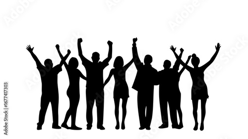 Silhouette of Jubilant Colleagues: Silhouette of a team's triumphant moment, with arms raised high against a clear backdrop. Depicting the collective triumph, camaraderie.