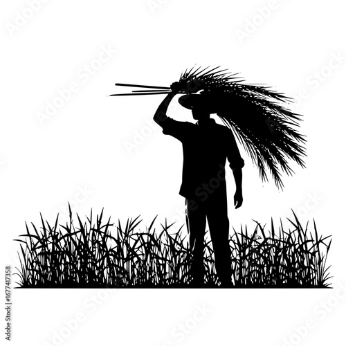 Silhouette of farmer harvesting crops in the field