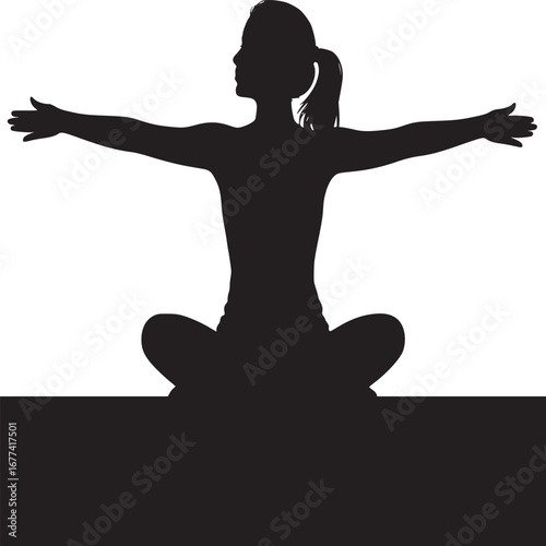 Silhouette of woman in lotus position with arms outstretched against white background in black and white