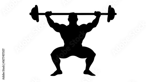 Strength in Silhouette: A silhouette of a person demonstrating incredible physical power, squatting with a barbell overhead, a testament to dedication, showcasing the pinnacle of athletic prowess.