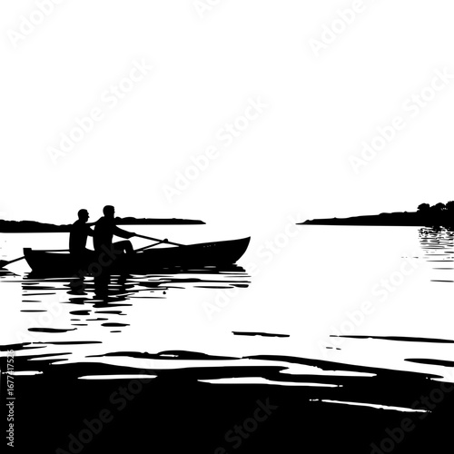 Rowing boat silhouette on peaceful lake excursion