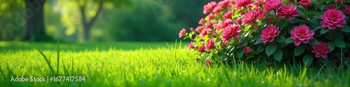 Lush green grass thrives beneath a vibrant, flowering shrub, creating a picturesque natural scene Perfect for illustrating spring, nature, or environmental themes , plant, shrub