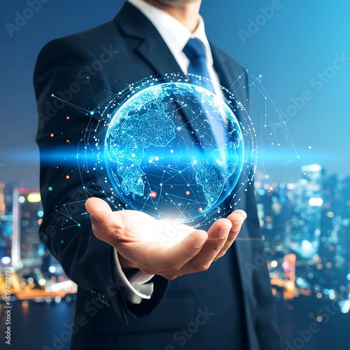 Businessman holding digital globe over city lights