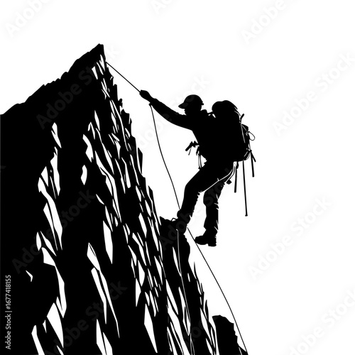 Silhouette climber ascending mountain with rope