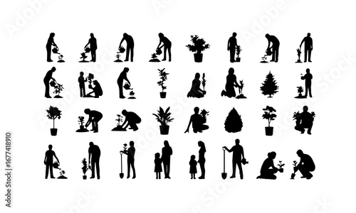 Collection of diverse people and plants in various gardening poses, silhouette