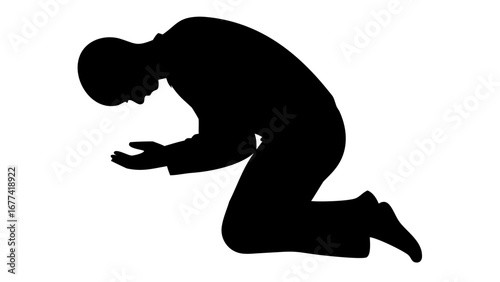 Silhouette of Humility: A simple yet powerful silhouette of a person kneeling with hands clasped, capturing a moment of deep reflection, surrender, and supplication.