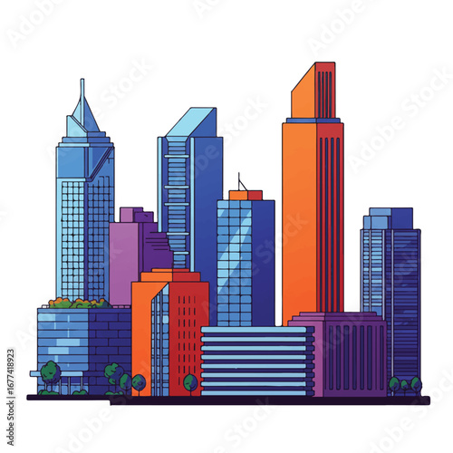 Modern city skyline flat 2D vector illustration featuring contemporary residential and office towers, presented in a minimalist style isolated on a bright white background.