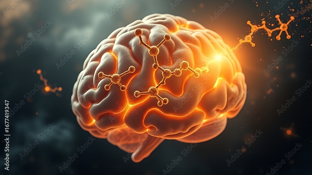 Obraz premium A golden molecular structure of spermidine floating above a brain-shaped nebula, glowing with energy.