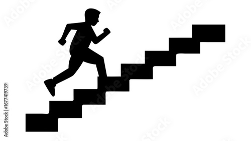 Climbing to Success: A silhouette of a person sprinting up a flight of stairs, emphasizing determination, aspiration, and progress in a monochrome image.