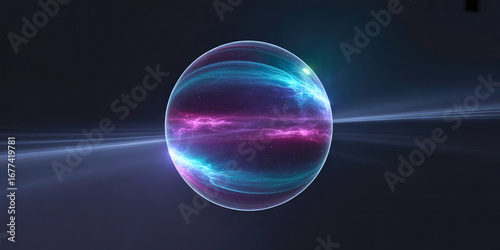 Glowing Energy Sphere. Abstract Digital Orb with Swirling Colors and Light Beam on Dark Background for Futuristic Concepts