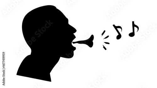 The Voice Silhouette: A silhouette captures a person singing notes, the image illustrates vocalization and music with minimalist aesthetics.