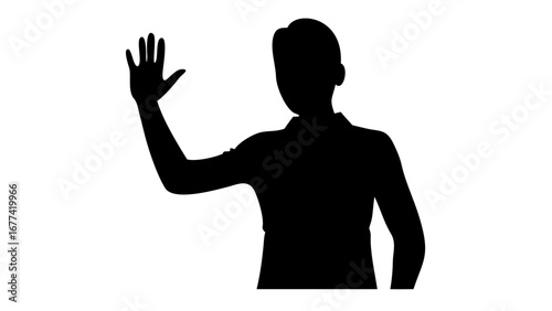 Greeting Gesture Silhouette: A silhouetted figure raises a hand in a gesture of greeting, with a clear and simple aesthetic. 