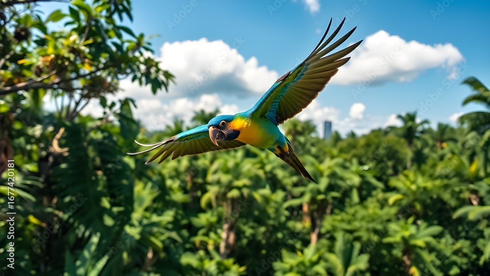 Obraz premium Blue and yellow macaw flying over the forest on a bright sunny day