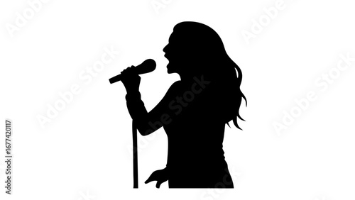 Silhouette of a Captivating Performer: The silhouette of a passionate singer, silhouetted against a stark backdrop, embodies musical art, the microphone held tight as vocal emotion surges forth.