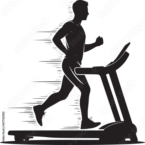 Silhouette of a man running on a treadmill with motion lines indicating speed and movement in black and white