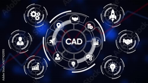 CAD concept with business icons and financial graph on dark blue background computer aided design