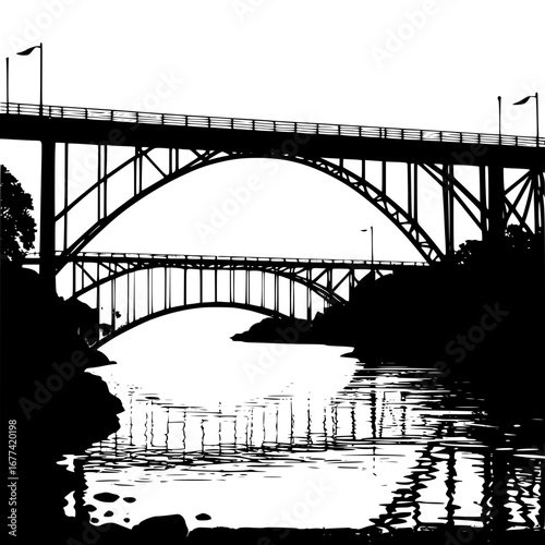 Iconic twin bridges span tranquil water reflecting scene