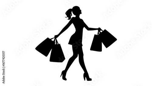 Silhouette Shopping Spree: An elegant silhouette of a woman strides confidently, arms laden with shopping bags, embodying the thrill of retail therapy and fashion.