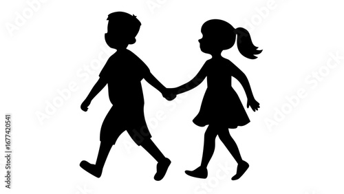 Silhouette of Friendship: A simple yet striking silhouette of two children, a boy and a girl, holding hands as they walk together, symbolizes friendship, companionship, and the purity of childhood.
