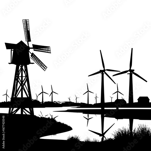 Windmills and turbines generate clean energy by the water