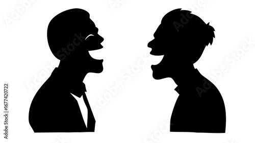 Silhouette Conversation: Two figures in striking black silhouettes are engaged in animated conversation. With exaggerated expressions, they convey dialogue, perhaps laughter.