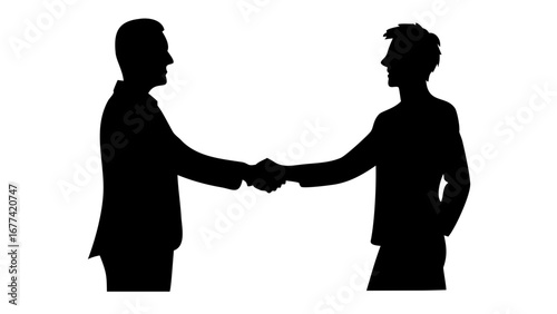 Handshake deal: Two male figures, silhouetted against a stark backdrop, engage in a firm handshake, symbolizing agreement, cooperation, and partnership.
