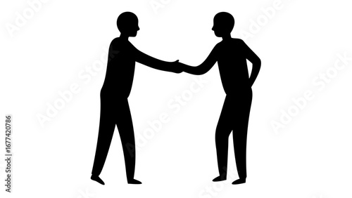 Partnership Silhouette: A dynamic monochrome illustration of two figures sealing a deal, their hands meeting in a strong handshake, representing the essence of unity, agreement.