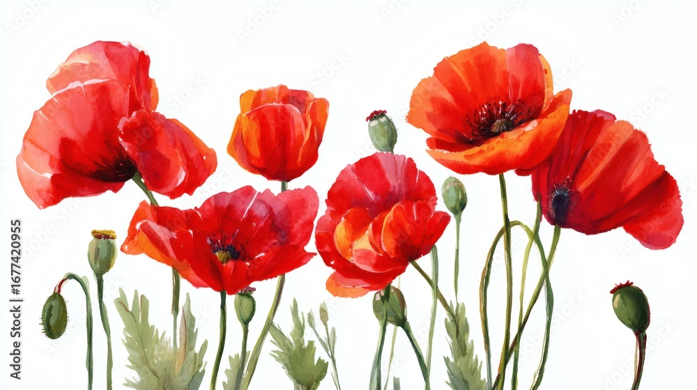 Obraz premium A vibrant watercolor painting of red poppy flowers with green stems and buds