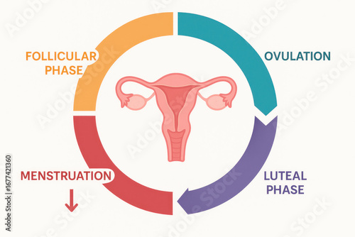 Female menstrual cycle phases, illustration of uterus and ovaries [Illustration]