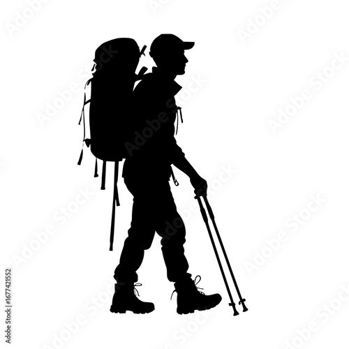 Silhouette hiker trekking with poles and backpack