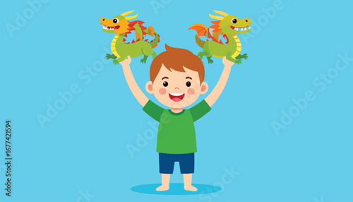 Happy boy joyfully holds up two adorable green dragon puppets.